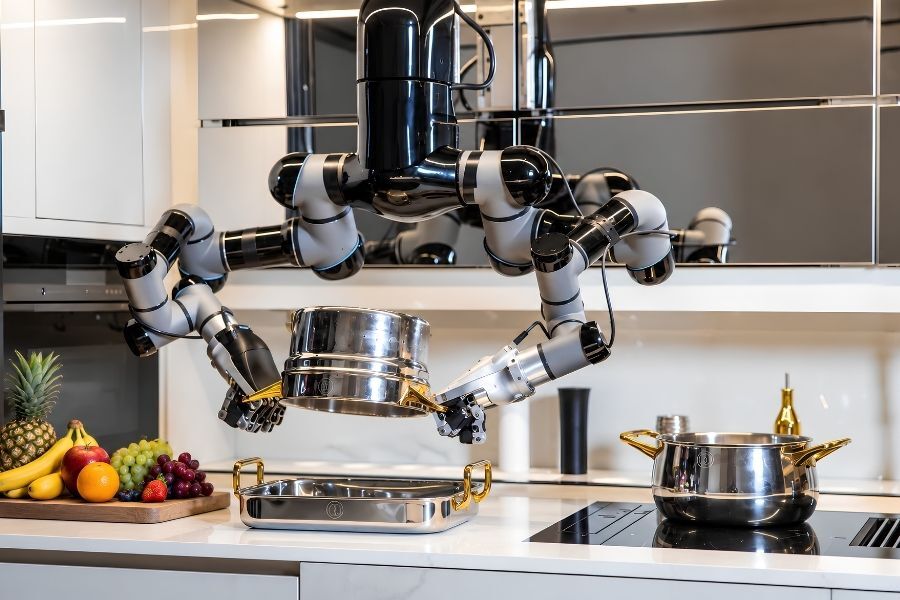 Automated kitchen equipment assembling food orders in a commercial kitchen