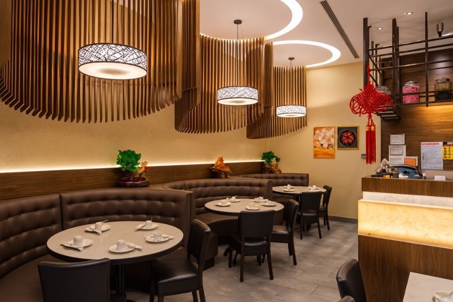 Warmly lit Manhattan restaurant dining room on a dark autumn evening