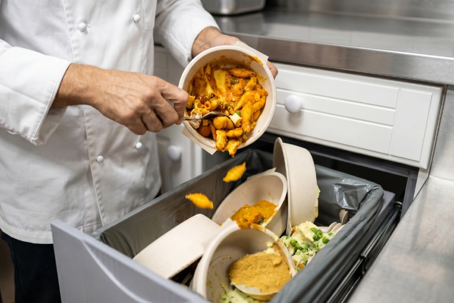 A chef discarding food scraps and takeaway containers into a pull-out kitchen waste drawer.