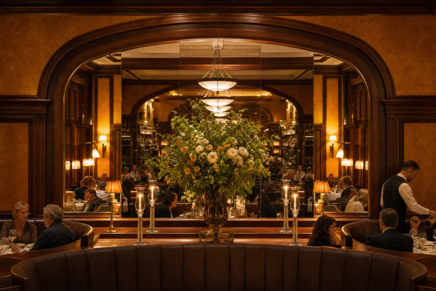 Busy NYC restaurant dining room during a well-paced peak dinner service